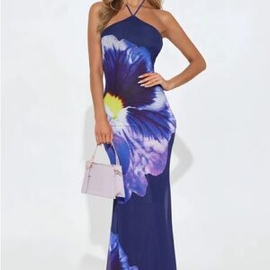 Navy Floral Halter Maxi Dress - Blue